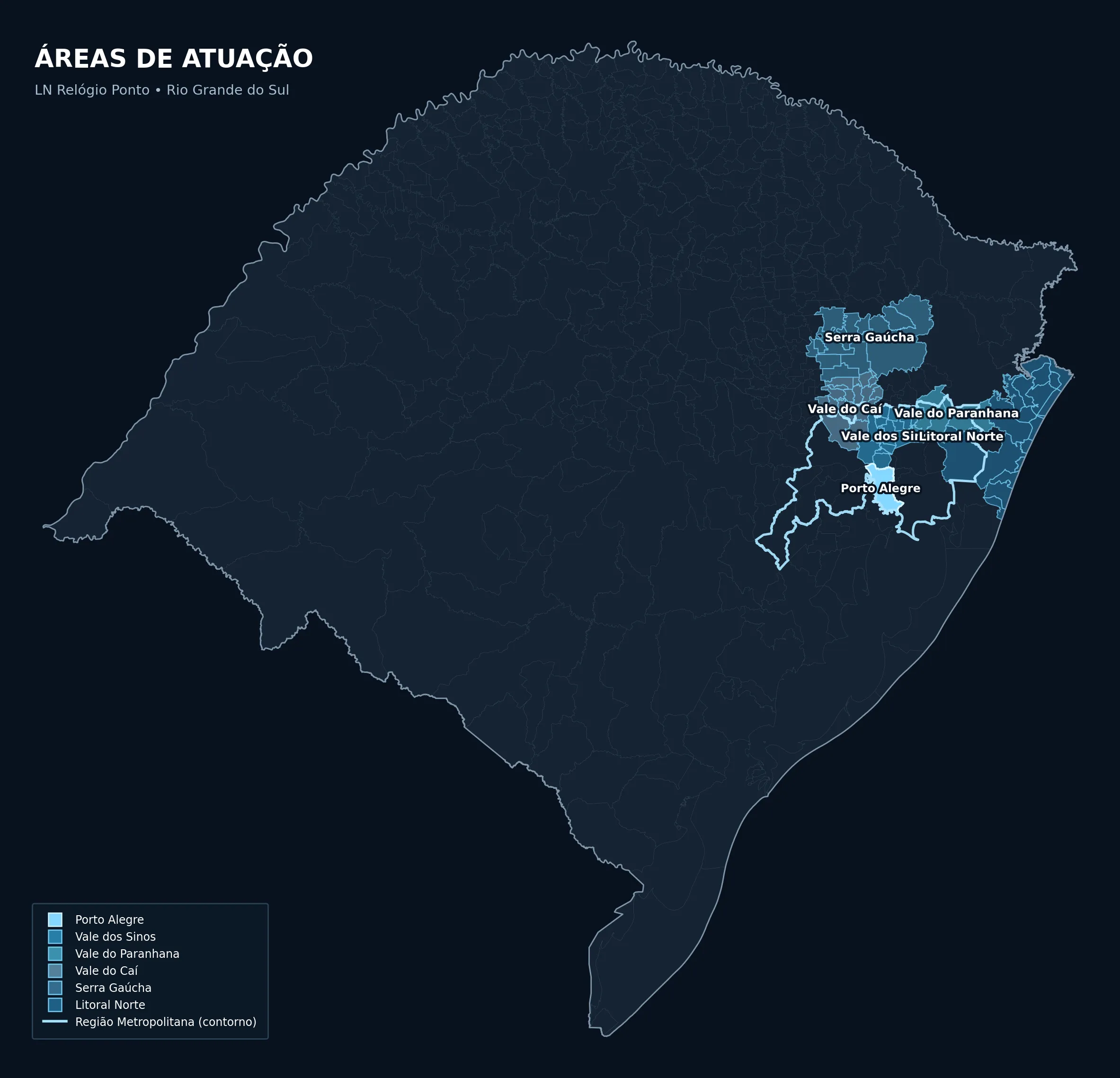 Mapa das áreas de atuação da LN no Rio Grande do Sul: Porto Alegre, Vale dos Sinos, Vale do Paranhana, Vale do Caí, Serra Gaúcha e Litoral Norte